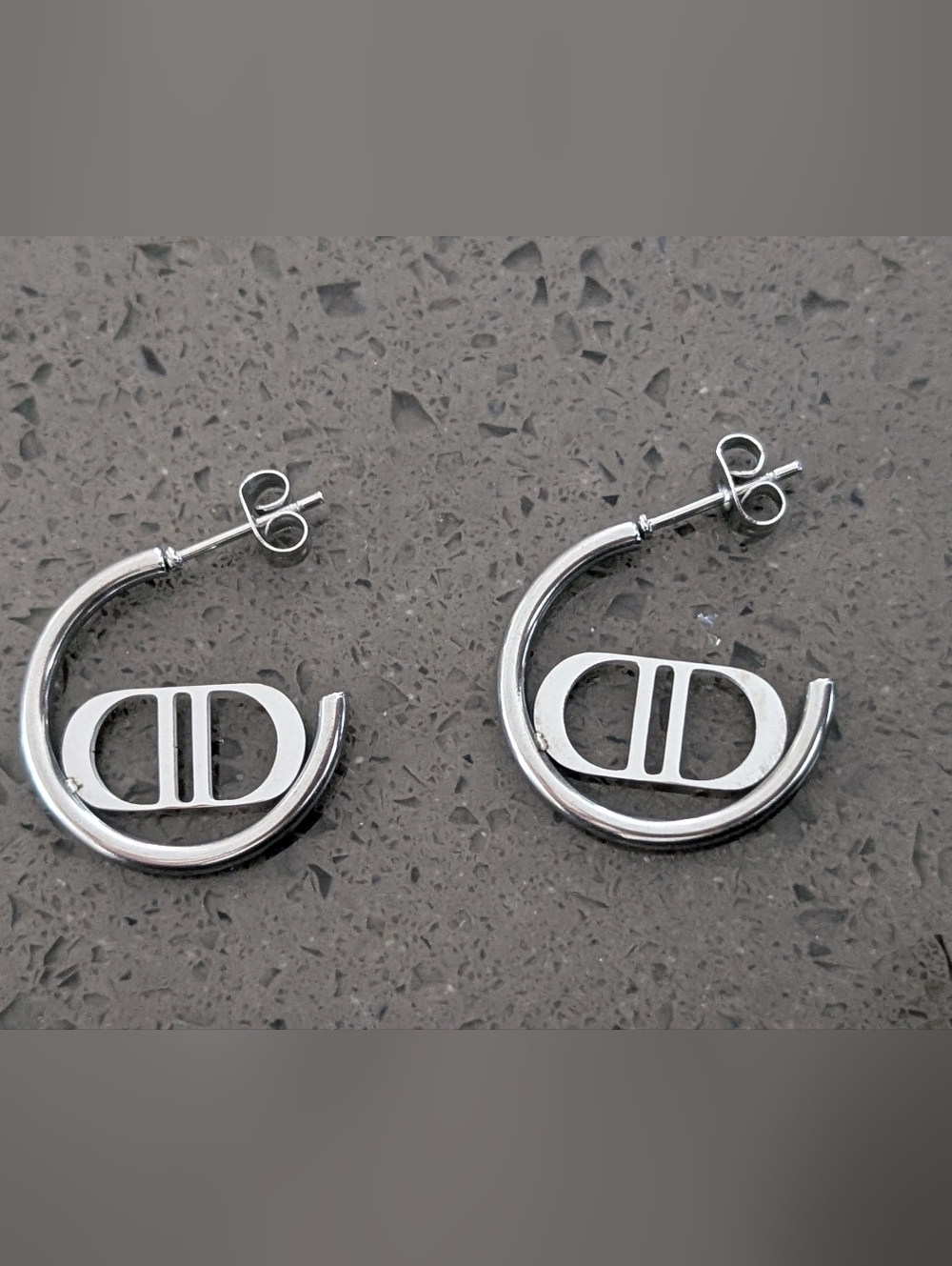 Silver Hoop Earrings with Signature Monogram Accent CD